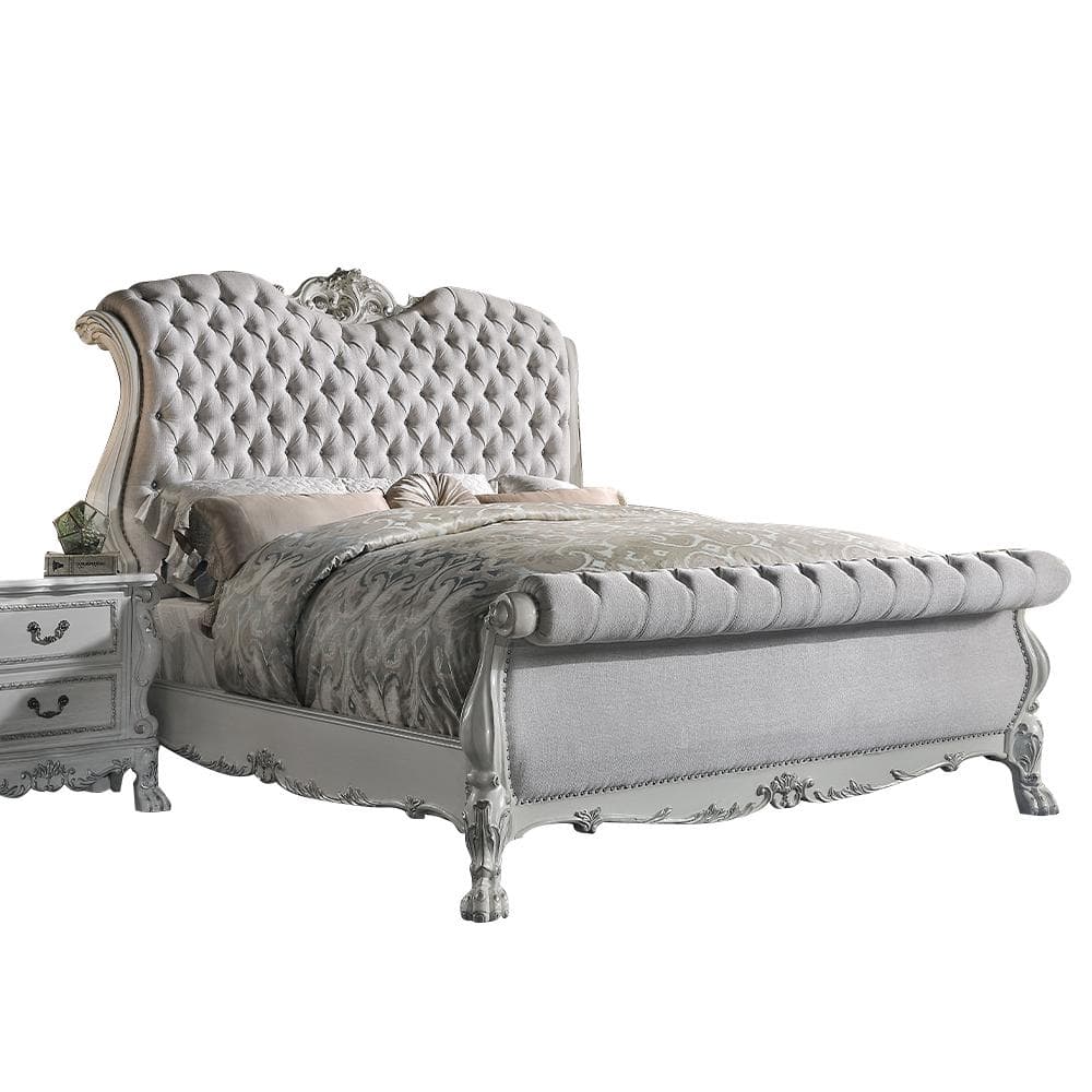 Bone White Tufted Upholstered Queen Bed with Wood Frame