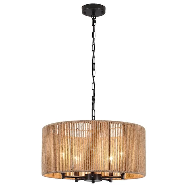 19.2 in. 5-Light Matte Black Natural Design Drum Chandelier with Hand Made Rattan Shade and No Bulbs Included