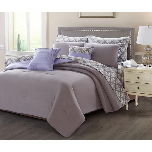 9 Piece Charcoal Purple Queen Comforter Set 13296 The Home Depot