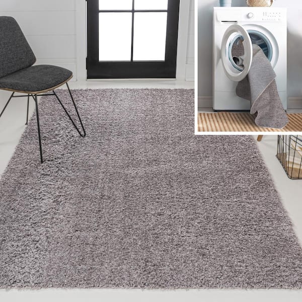 JONATHAN Y Gray 3 ft. x 5 ft. Clayton Coastal Solid Glam Shag Machine-Washable Area Rug