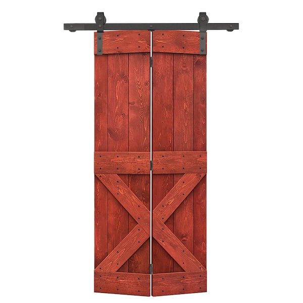 CALHOME 24 in. x 84 in. Mini X Series Cherry Red Stained DIY Wood Bi-Fold Barn Door with Sliding Hardware Kit