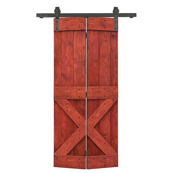 CALHOME 26 in. x 84 in. Mini X Series Solid Core Cherry Red Stained DIY Wood Bi-Fold Barn Door with Sliding Hardware Kit
