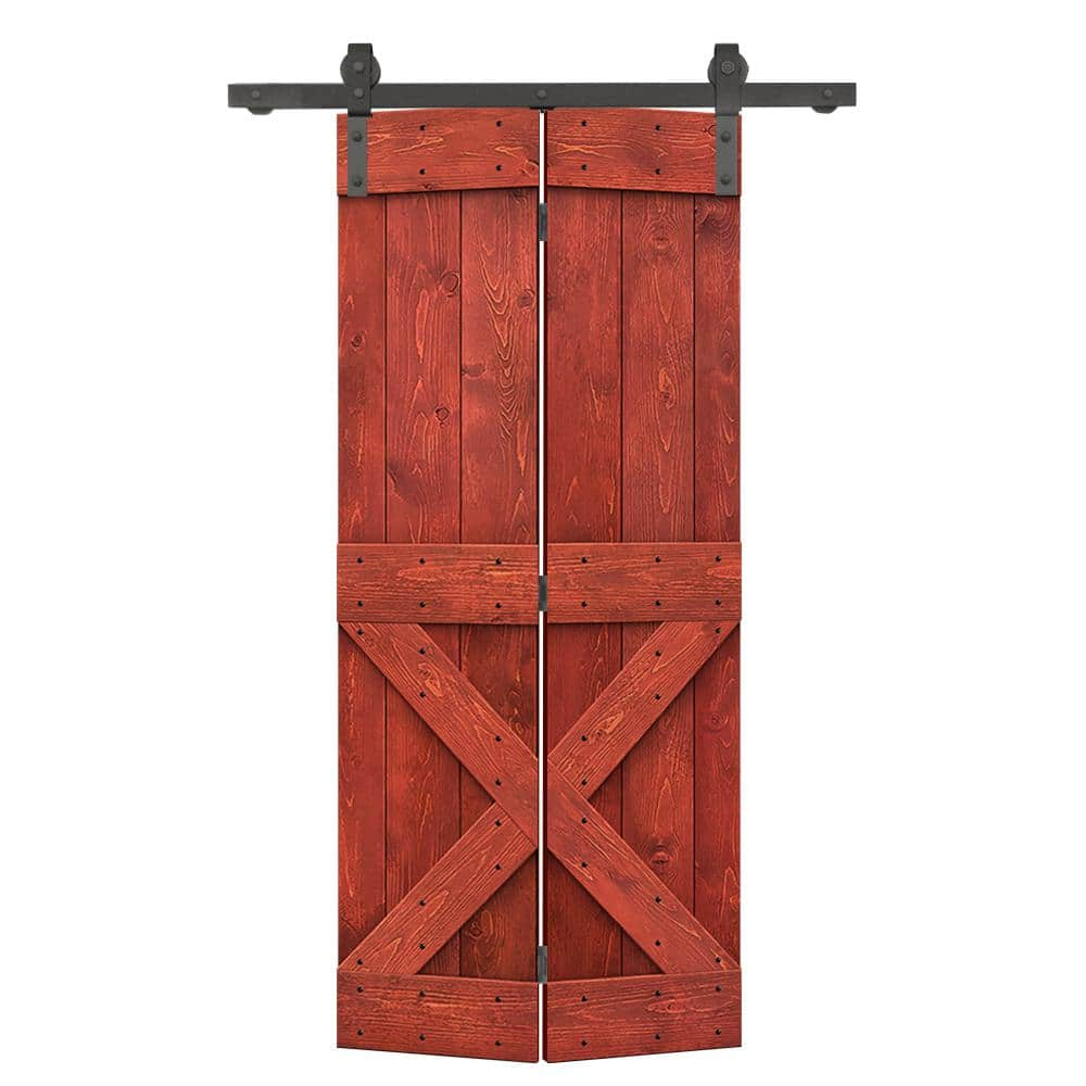 CALHOME 38 in. x 84 in. Mini X Series Solid Core Cherry Red Stained DIY Wood Bi-Fold Barn Door with Sliding Hardware Kit