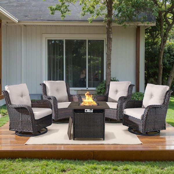 5-Piece Brown Wicker Fire Pit Conversation Set with Olefin Beige Cushions and Curved Arm Swivel Glider Rocking Chairs