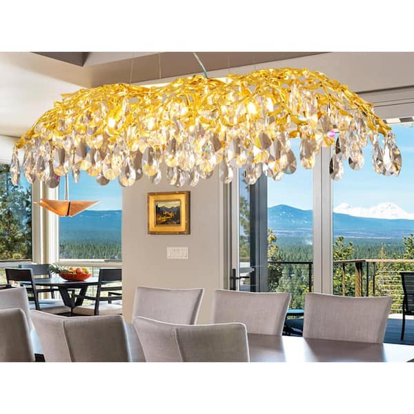 YUYI Modern Crystal Chandelier 43in. 10-Light Gold Tree Branch Rectangular Chandelier for Dining Room,Living Room, Entryway