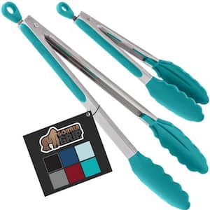 2-Piece 9 in. and 12 in. Stainless Steel Heat Resistant Grill Tongs in Turquoise