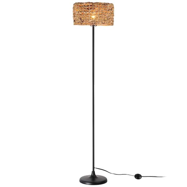 Zompoo Modern 59 in. 1-Light Black Metal Standard Floor Lamp for Living Room with Rattan Shade, Foot Switch