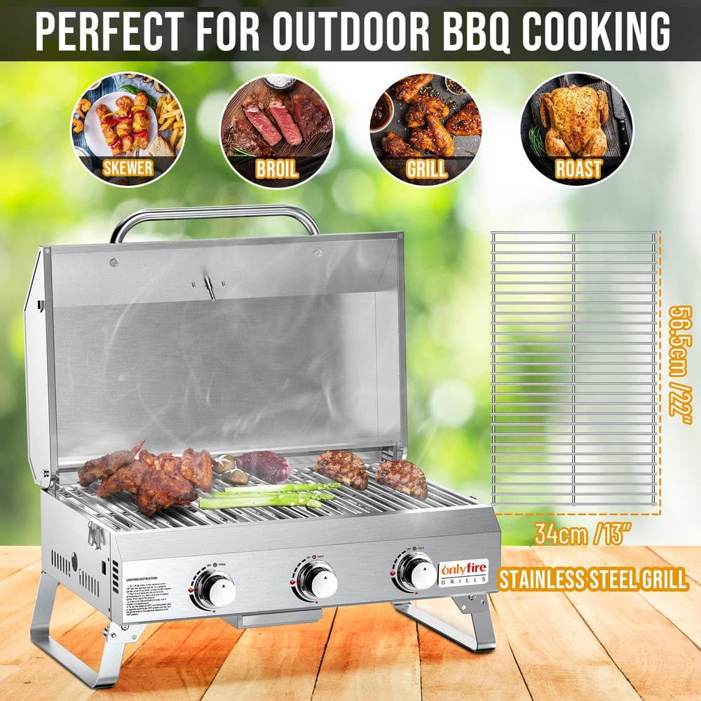 Onlyfire 24" Stainless Steel 3-Burner Portable Propane Grill with Foldable Legs