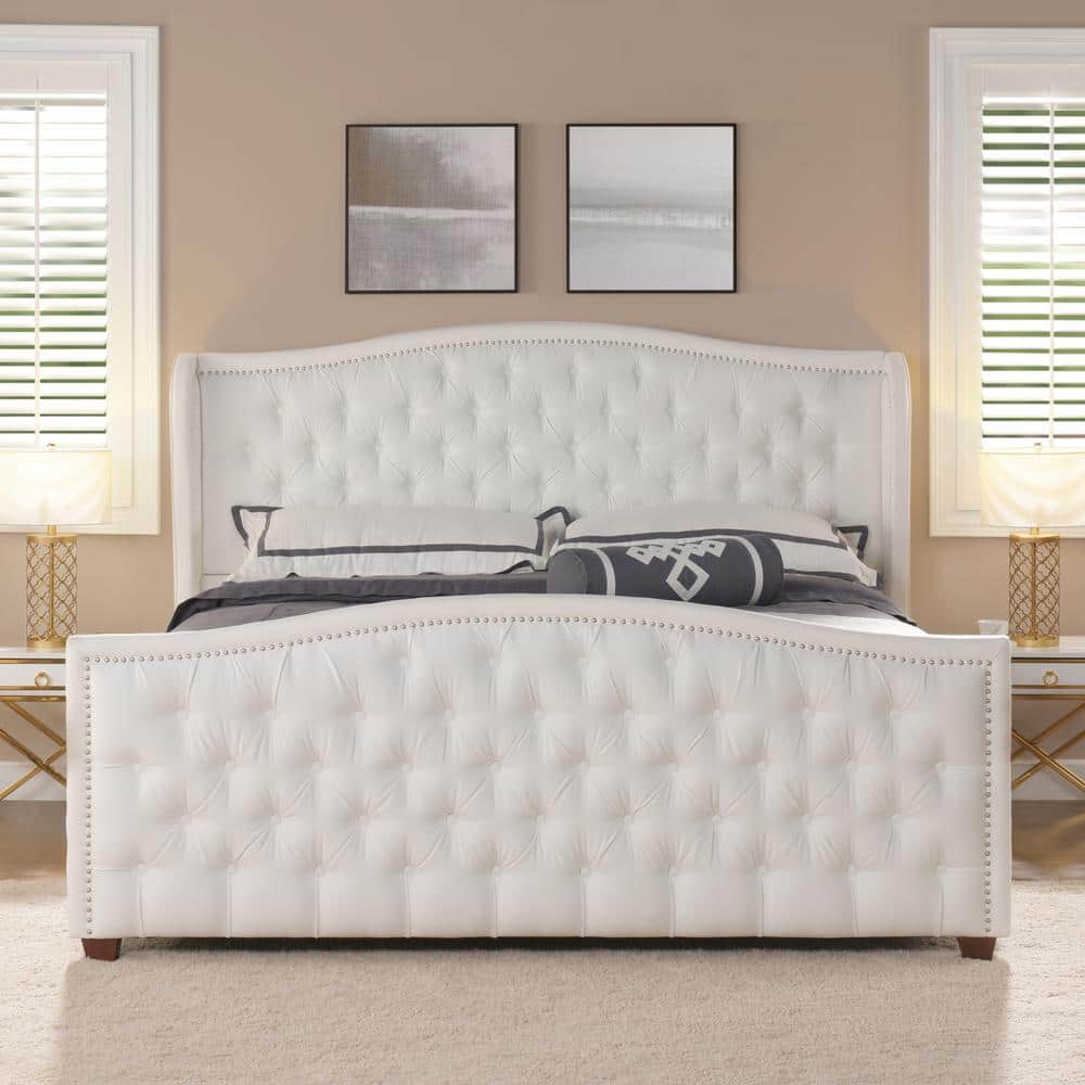 Elegant King-Sized Birch Wood Frame Bed with Tufted Polyester Upholstery