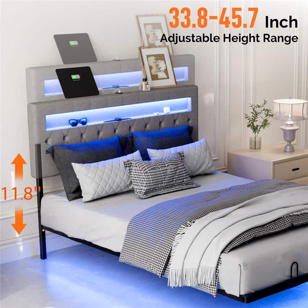 Gray Full Size Floating Bed Frame with Upholstered Headboard/Charging Station,RGB LED Lights - thumbnail 6