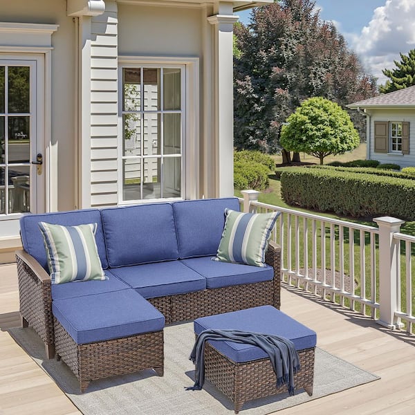 3-Piece Metal and Wicker Outdoor Sectional Armchair Sofa Couch Set with Ottomans with Blue Cushions