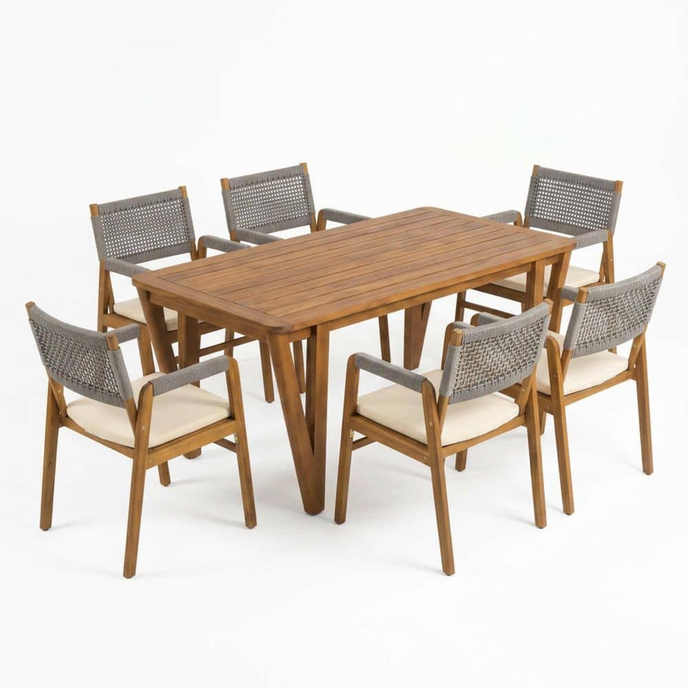 Violet Teak Finish+Grey Rope 7-Piece Acacia Wood Rectangular Patio Outdoor Dining Set with Beige Cushions, Seats 6 price history on PriceWatchPro