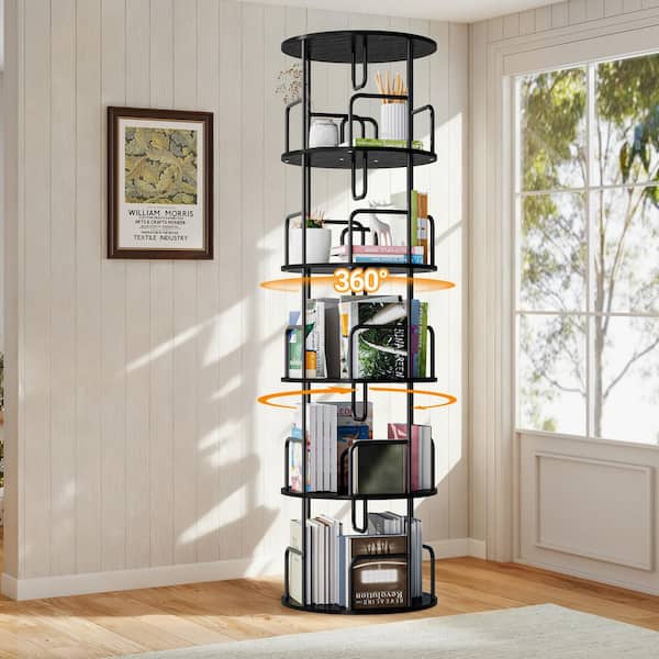 Emmett 62.2 in. Wide Black Wood 5 Tier Revolving 360 Bookcase, Tall Bookcase