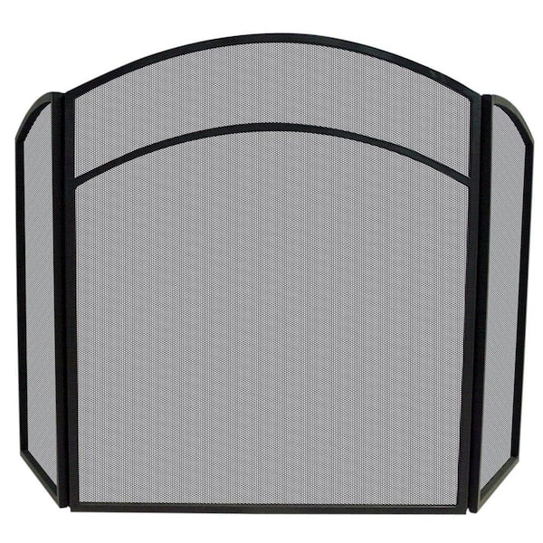 UniFlame Black Wrought Iron 52 in. W 3-Panel Steel Frame Fireplace Screen with Arch Top and Craftsman Styling