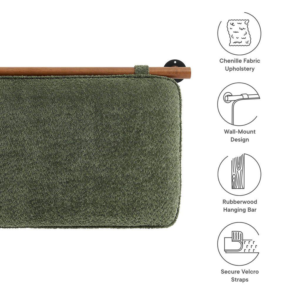 Sage Green Chenille Upholstered Floating Full Headboard with Walnut Bar