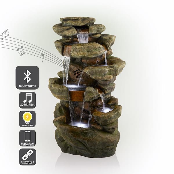 Alpine Corporation 51 in. Tall Outdoor Rainforest Floor Tiered Fountain with LED Lights and Bluetooth Speaker