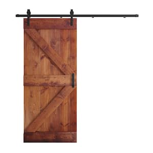 K 36 in. x 84 in. Red Walnut DIY Knotty Pine Wood Sliding Barn Door with Hardware Kit
