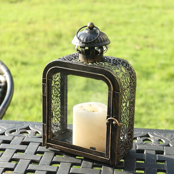 MOEPISY 12.2 in. H Bronze Glass and MetalCandle Lantern Decorative