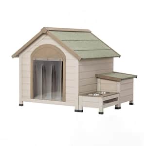 Outdoor Fir Wood Dog House with an Open Roof, Storage Box, Elevated Feeding Station with 2 Bowls
