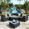 Unbranded 7-Pieces Black Wicker Outdoor Sectional Set with Glass Table and Dark Gray Cushions OUDeluxe26