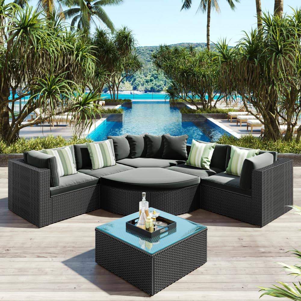 7-Pieces Black Wicker Outdoor Sectional Set with Glass Table and Dark Gray 