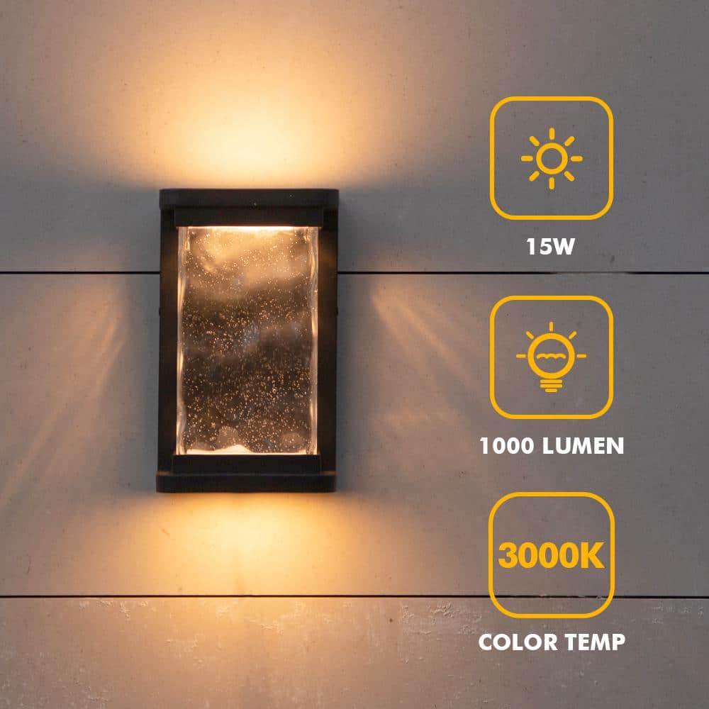 Modern Matte Black LED Outdoor Wall Lantern with Seeded Glass