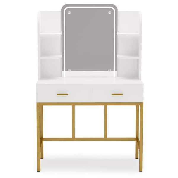 BYBLIGHT Helotes White Gold Makeup Vanity Table Stool Sets with LED Lighted Mirror and 2-Drawers