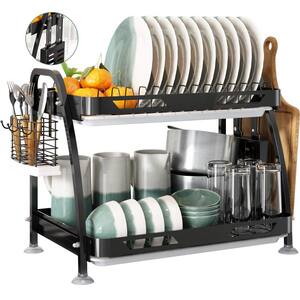 2-Tier Stainless Steel Dish Rack in Black with Holder and Hooks