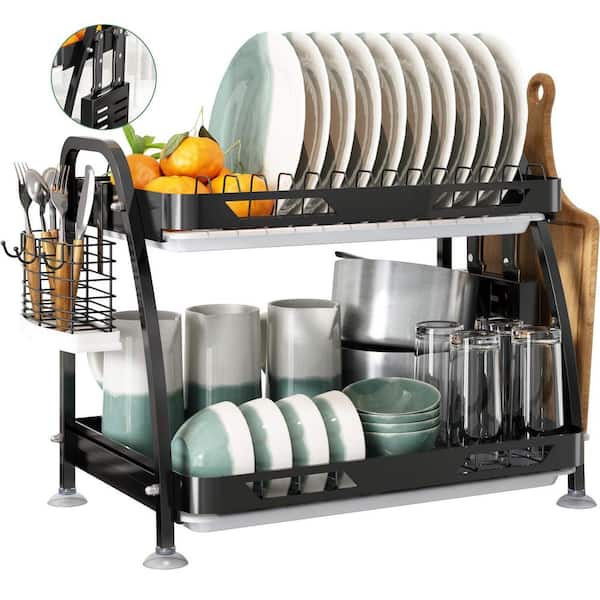 JASIWAY 2-Tier Stainless Steel Dish Rack in Black with Holder and Hooks