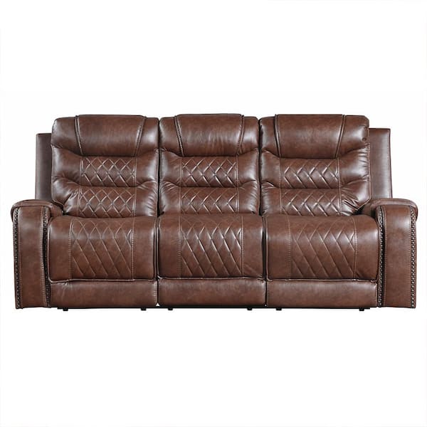 Bergen 86.5 in. W Straight Arm Faux Leather Rectangle Manual Reclining Sofa with Center Drop-Down Cup Holders in Brown