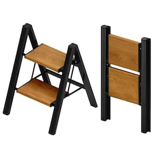 Reach 2 ft. Iron 2-Step Ladder, Woodgrain Step Stool 330 lbs. with Anti-Slip Wide Pedal for Household Office (1-Pack)