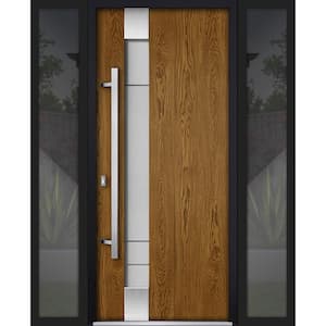 1713 60 in. x 80 in. Right-hand/Inswing 2 Sidelights Frosted Glass Natural Oak Steel Prehung Front Door with Hardware
