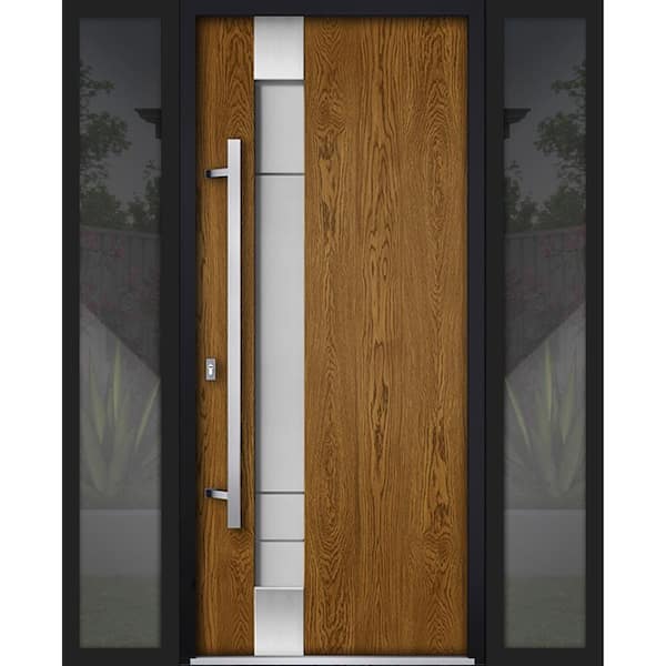 VDOMDOORS 1713 64 in. x 80 in. Right-hand/Inswing 2 Sidelights Frosted Glass Natural Oak Steel Prehung Front Door with Hardware