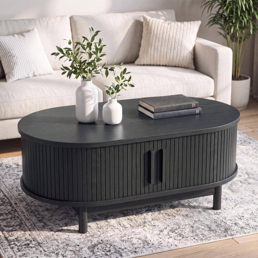 "40"" Coffee Table with Sliding Tambour Door, Mid-Century Fluted Tea Table with Large Storage, Black" price history on PriceWatchPro