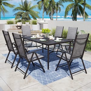 Grey 7-Pieces Metal Outdoor Patio Dining Set with Folding Sling Dining Chairs