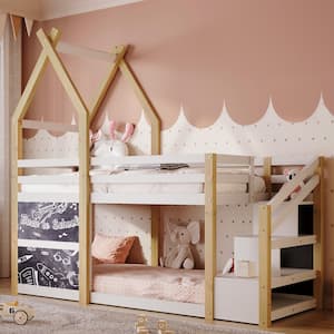 White Playhouse Style Twin Over Twin Bunk Bed, House Bed with White Storage Staircase and 2 Blackboards