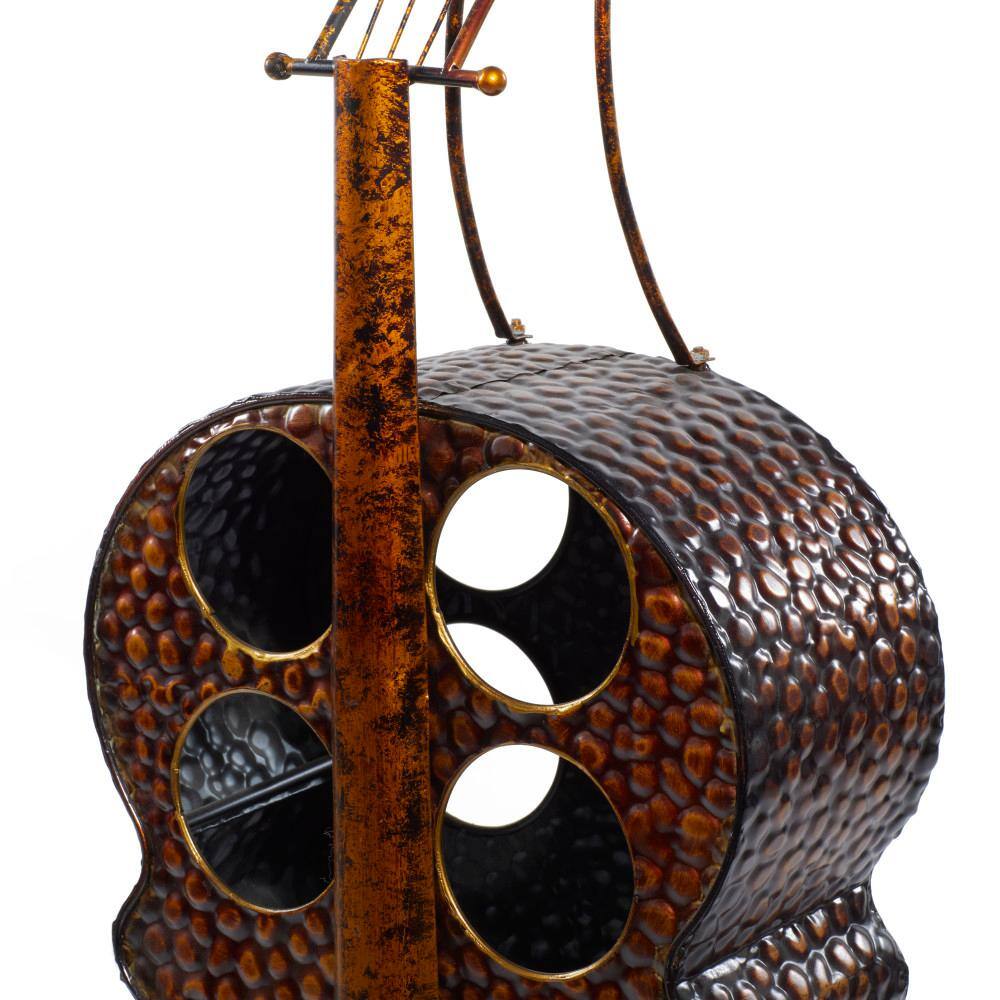 Antique Brass Cello Shaped Metal Wine Rack with Leaf Pattern