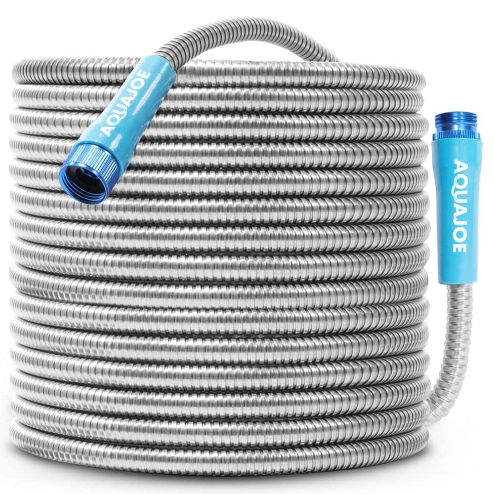 AQUA JOE Indestructible 1/2 in. Dia x 100 ft. Heavy-Duty Spiral Constructed 304-Stainless Steel Garden Hose