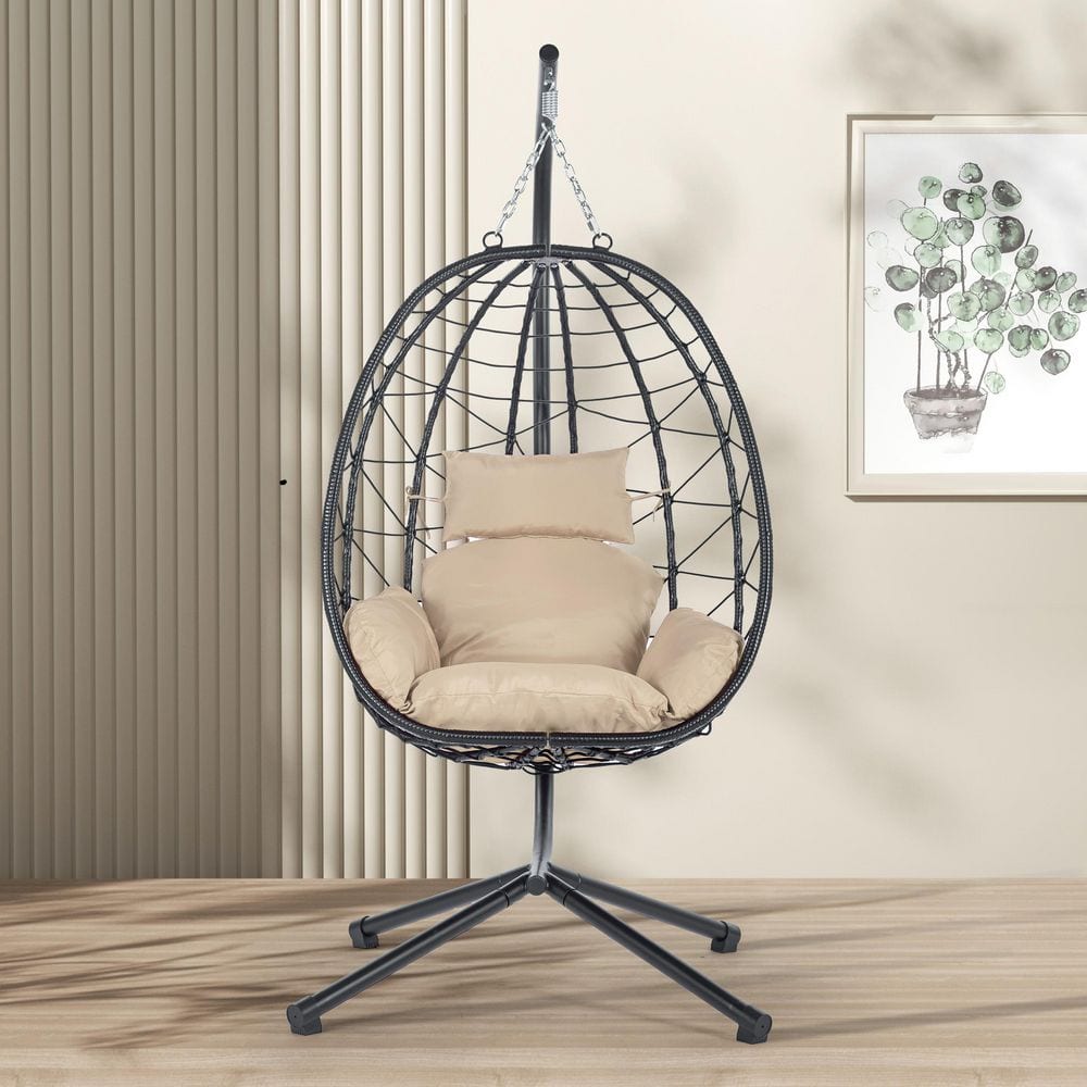 Black Metal Egg Chair with Beige Cushions and Pillow for Porch, Backyard