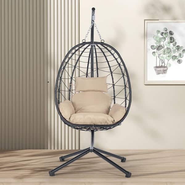 Black Metal Egg Chair with Beige Cushions and Pillow for Porch, Backyard