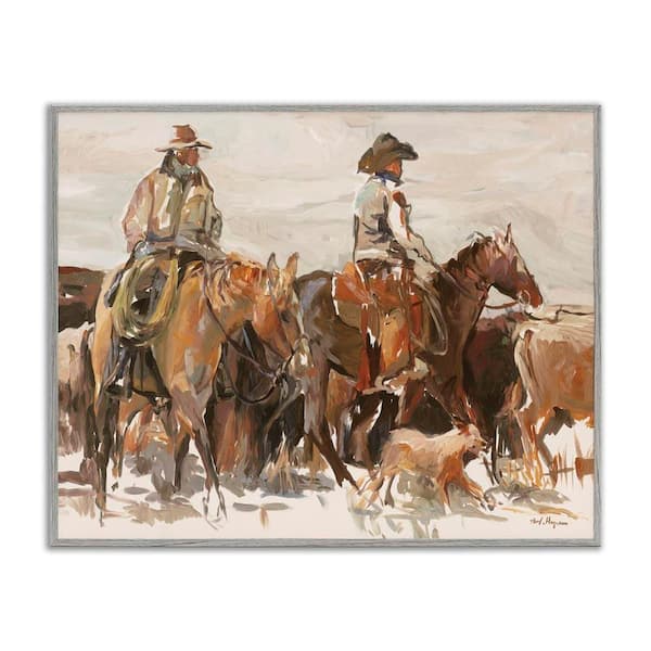 Cowboys & Horses Farm by Marilyn Hageman Gray Framed Giclee Art Print People 24 in. x 30 in.