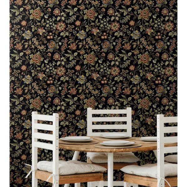 17.08 sq. ft. Ebony Jacobean Floral Trail Vinyl Peel and Stick Wallpaper Roll