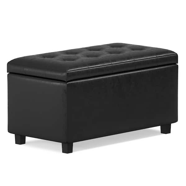 Simpli Home Cosmopolitan 34 in. Wide Transitional Rectangle Storage Ottoman in Distressed Black Vegan Faux Leather, Assembled
