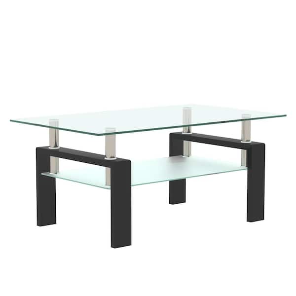 Angel Sar 39.37 in. Modern Rectangle Glass Coffee Table with Metal Tube for Living Room, Clear and Black