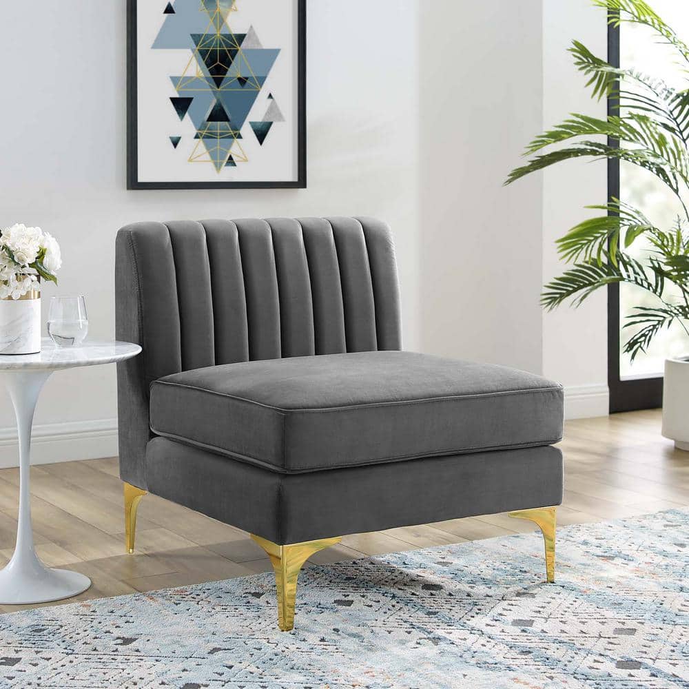 Gray Velvet and Gold Metal Armless Chair