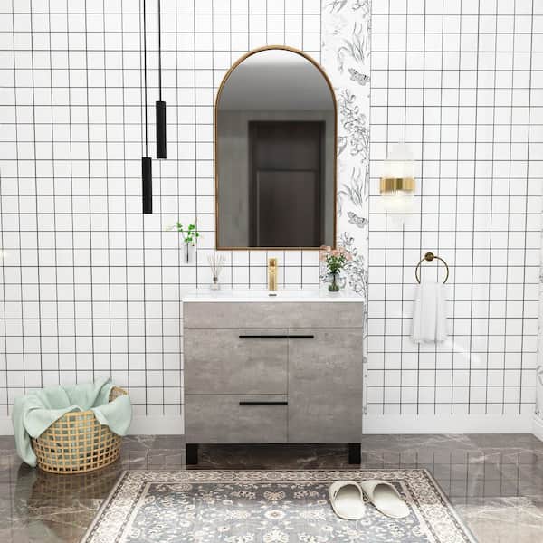 36 in. Freestanding Cement Grey Bath Vanity with White Ceramic Top Assembled