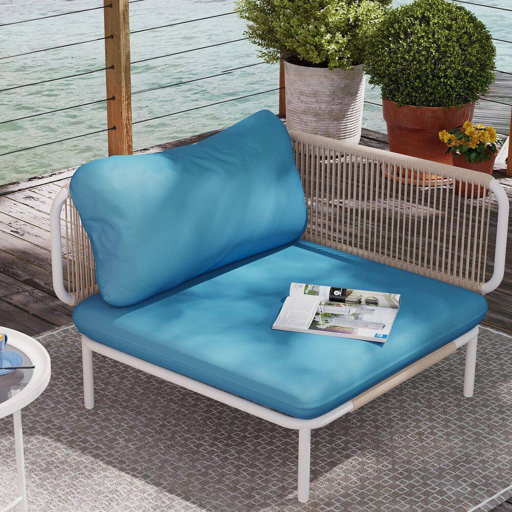 1-Piece Metal Outdoor Sectional Sofa Corner Chair with Blue Cushions and 2 Removable Armrests
