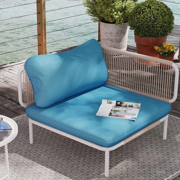 1-Piece Metal Outdoor Sectional Sofa Corner Chair with Blue Cushions and 2 Removable Armrests