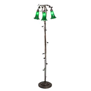 Pond Lily 58 in. Mahogany Bronze Victorian 3-Light Dimmable Arc Floor Lamp with Glass Cone Shade