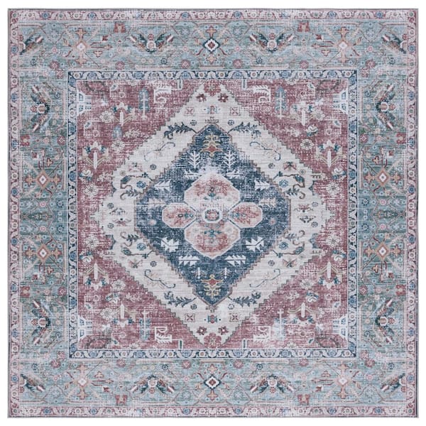 SAFAVIEH Tucson Rust/Navy 6 ft. x 6 ft. Machine Washable Distressed Medallion Floral Border Square Area Rug